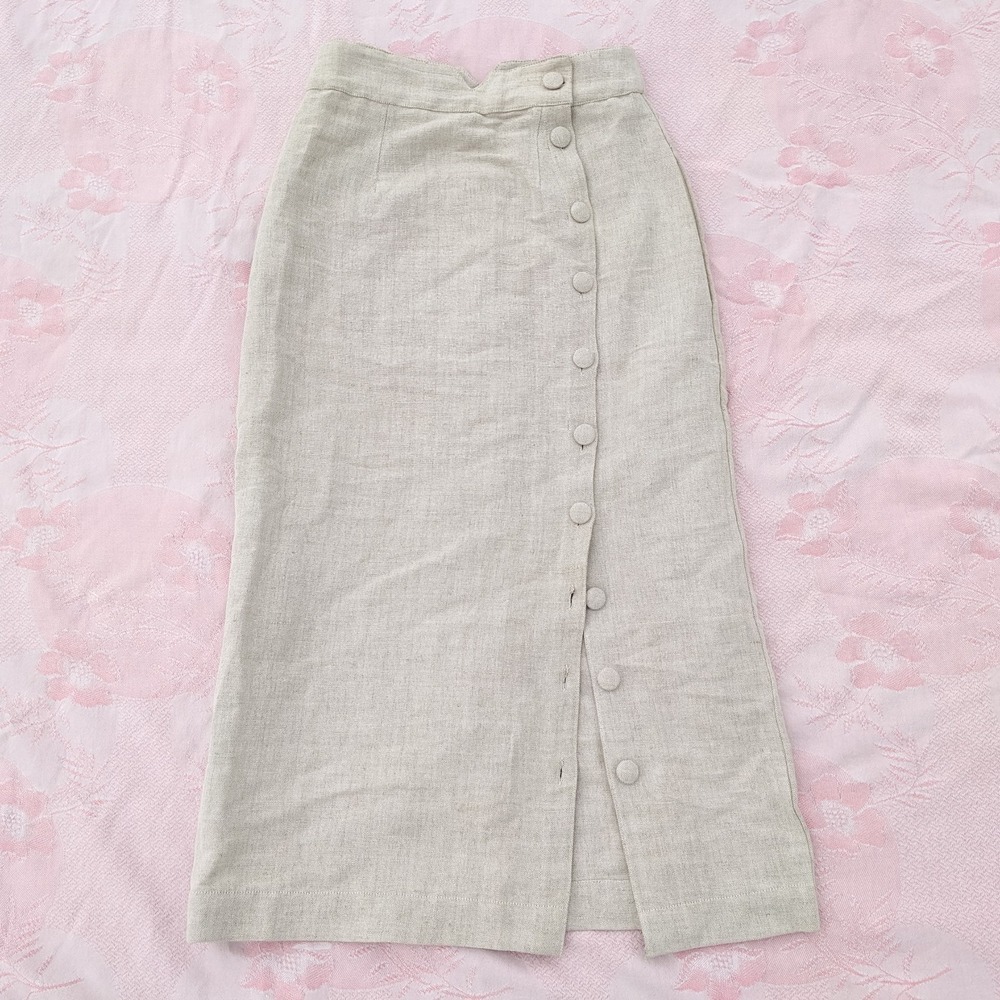 Ajaie Alaie Transitional Linen Skirt XS Beige Button Up Pencil Handmade Chakra - Picture 1 of 16